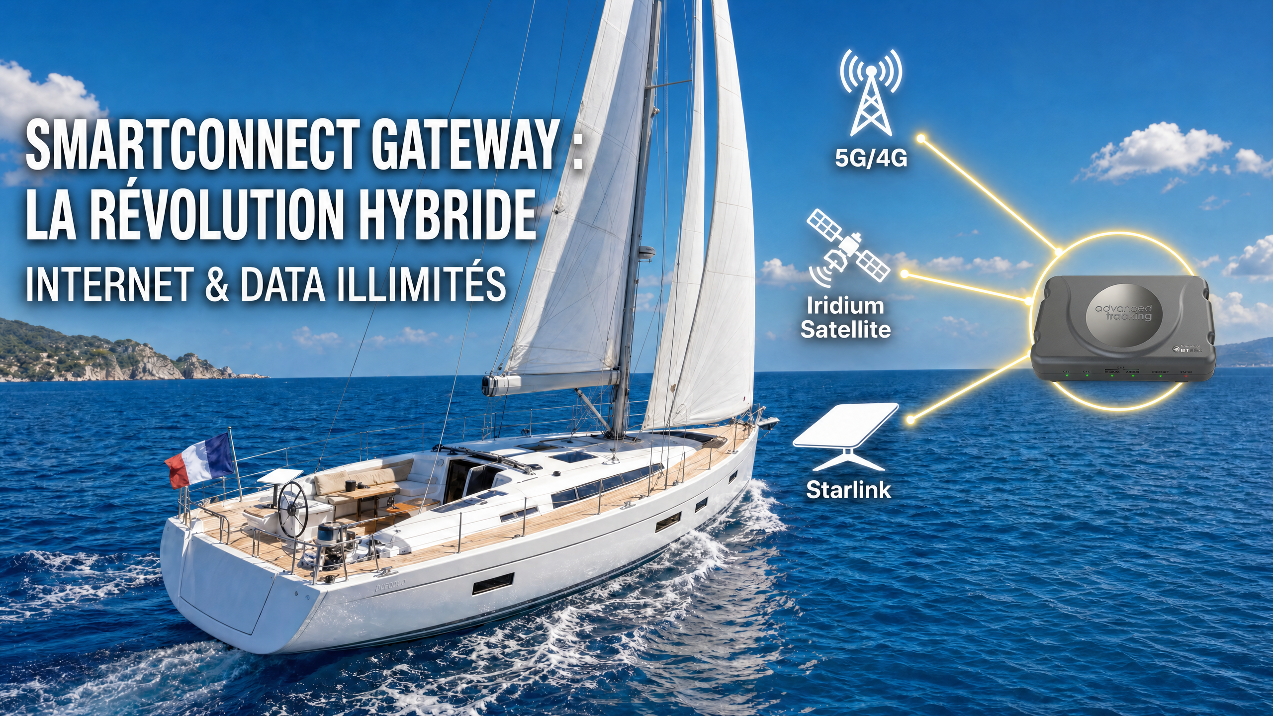 Voilier en mer naviguan sois voile avec une Starlink mini et une Smartconnect Gateway. Le système est hybride utilisant le réseau 4G, Iridium et Starlink.