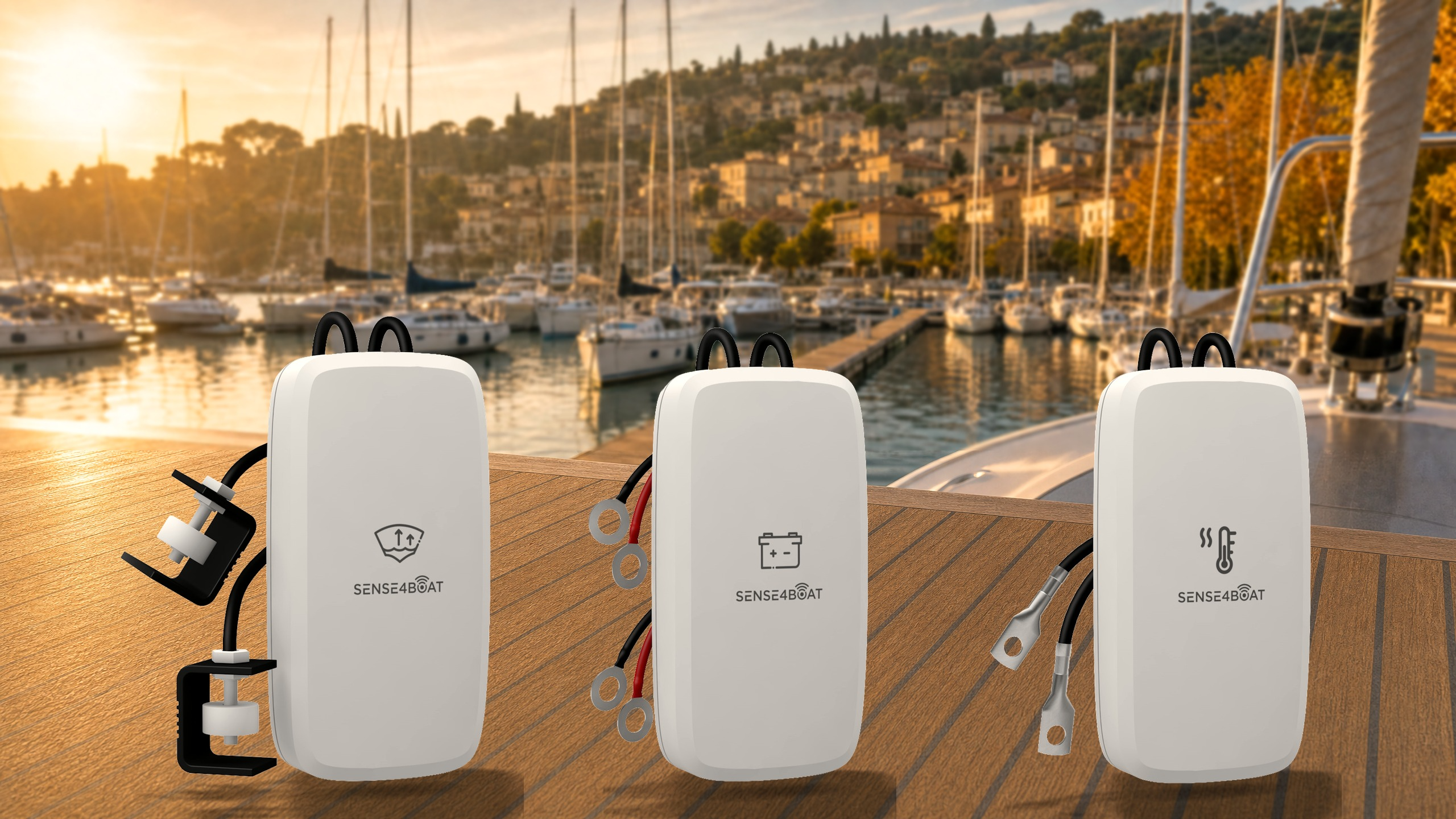 Trois capteurs connectés Sense4Boat — cale, batterie et température — posés sur le pont en teck d'un voilier, un port de plaisance au lever du soleil en arrière-plan.
