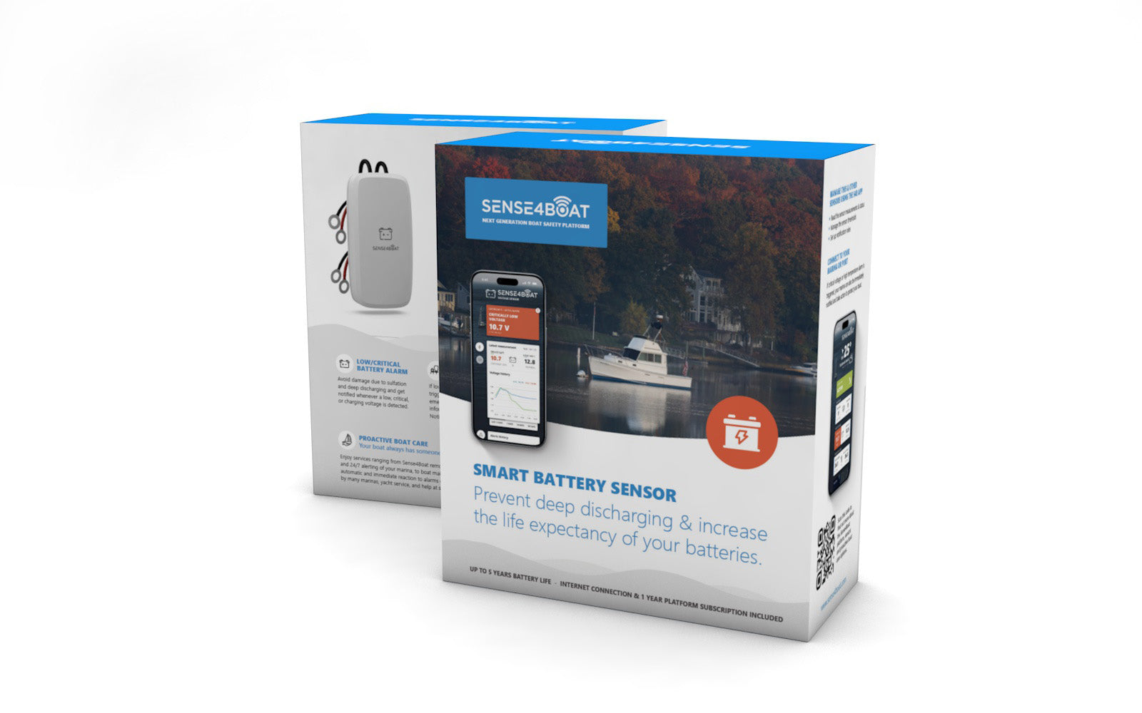 Boîte du capteur de batterie Sense4Boat Smart Battery Sensor — prévention décharge profonde et sulfatation, application mobile iOS Android