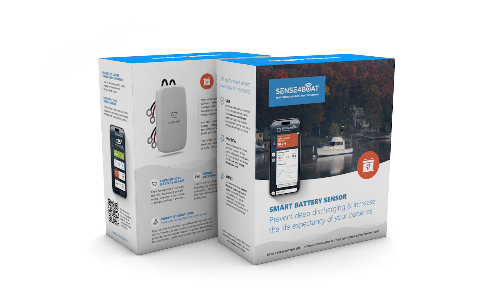 Packaging capteur batterie Sense4Boat face arrière — alarme décharge critique, monitoring charge, surveillance 2 bancs 12V/24V pour plaisancier