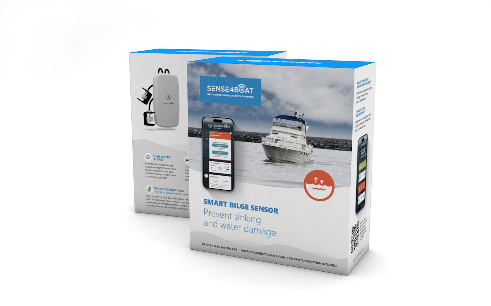 Boîte du capteur de cale Sense4Boat Smart Bilge Sensor — prévention naufrage et dégâts des eaux, alerte SMS et appel vocal pour bateau à quai