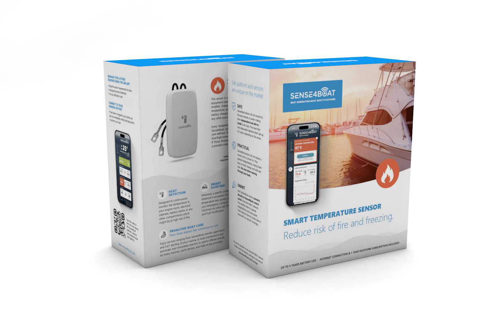 Packaging capteur température Sense4Boat face arrière — détection chaleur excessive, protection gel hivernage, surveillance voilier et bateau à moteur