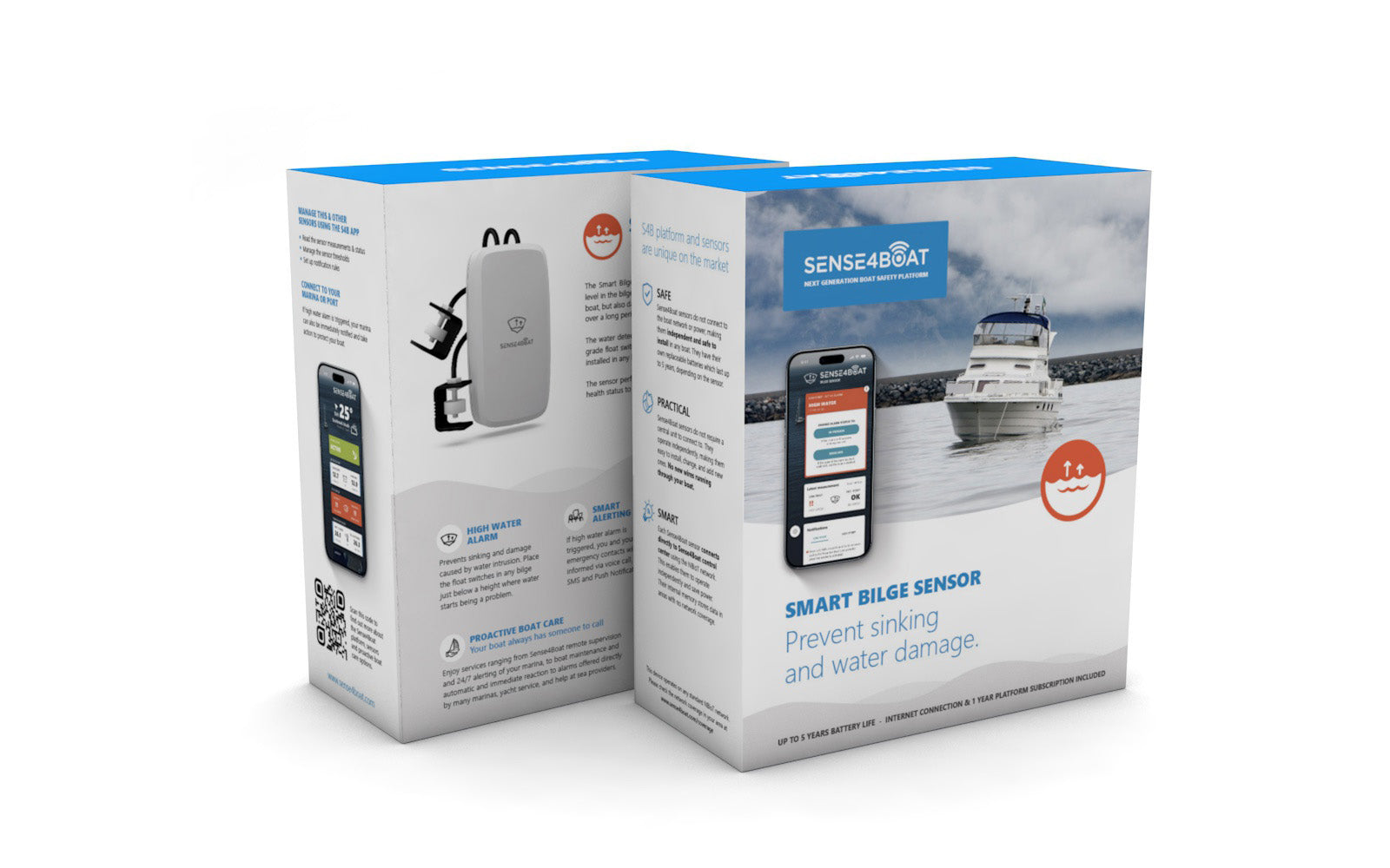 Packaging capteur de cale Sense4Boat face arrière — alarme montée d'eau, surveillance 24h/24, connexion marina et port de plaisance