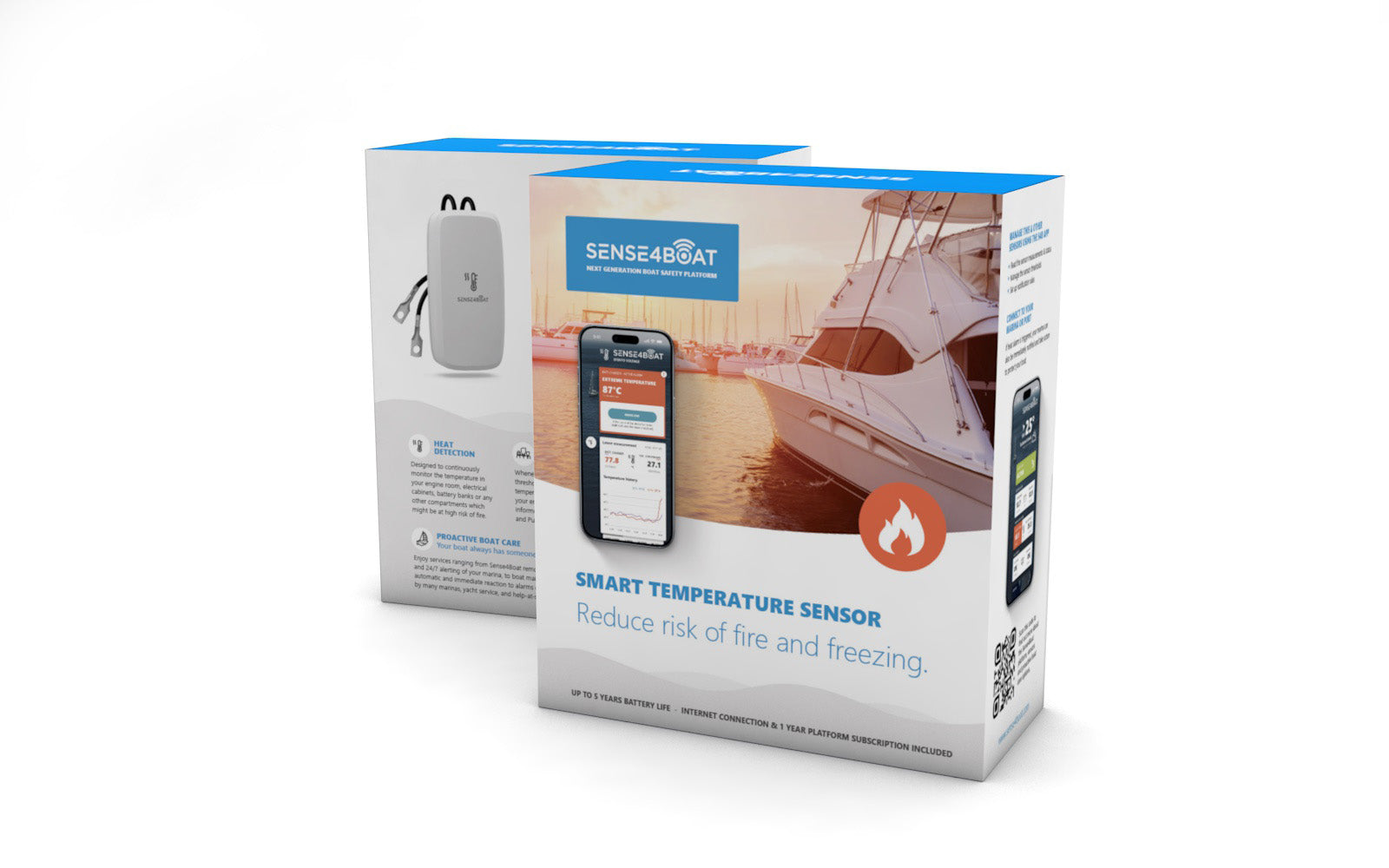 Boîte du capteur de batterie Sense4Boat Smart Battery Sensor — prévention décharge profonde et sulfatation, application mobile iOS Android