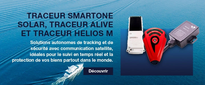 Trois modèles de balises de géolocalisation autonomes (Smartone Solar, Alive, HeliosM) idéales pour le suivi de flotte et de bateaux.