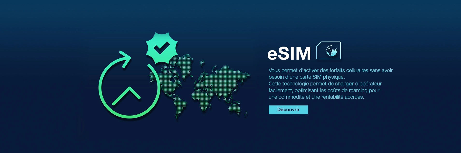 Illustration d'une carte eSIM avec une carte du monde, symbolisant la connectivité mobile sans carte SIM physique pour les voyageurs.