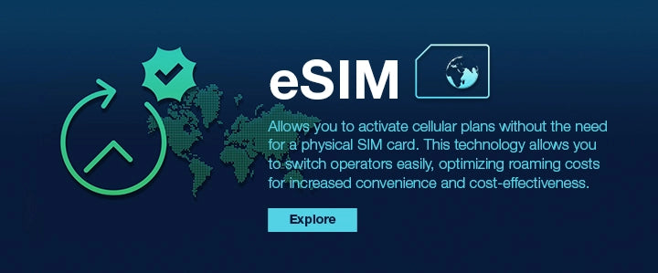 A digital, global map rendered in a dotted green pattern with a circular arrow icon and a checkmark, illustrating eSIM technology.
