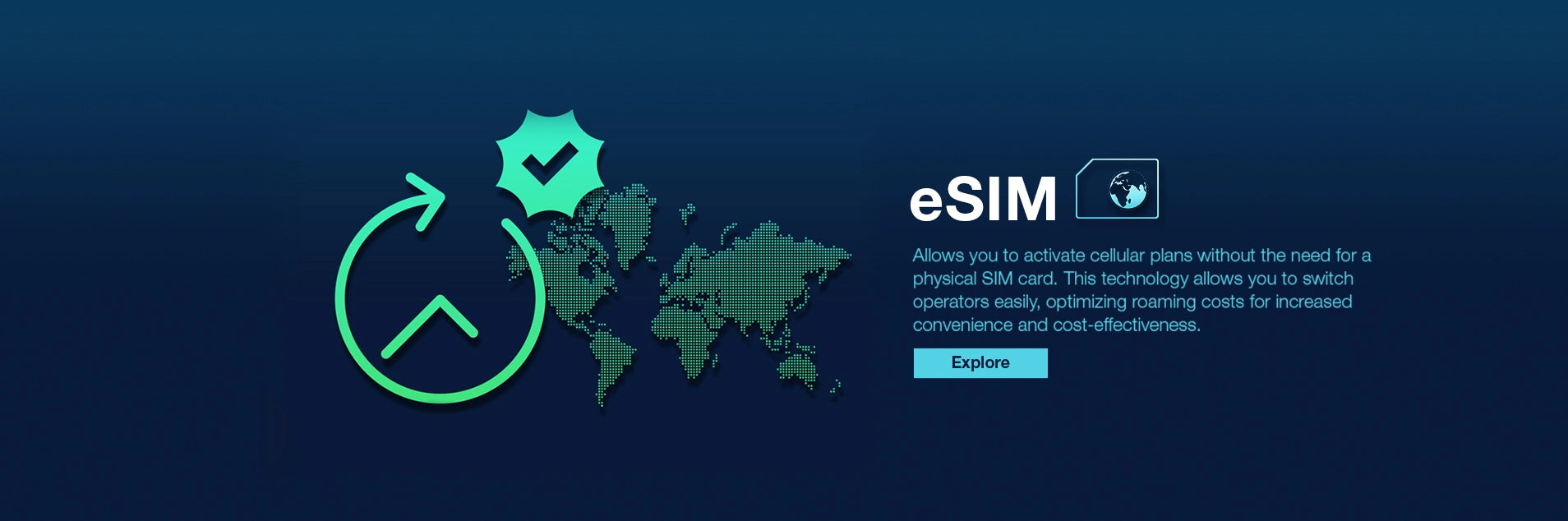 A digital, global map rendered in a dotted green pattern with a circular arrow icon and a checkmark, illustrating eSIM technology.