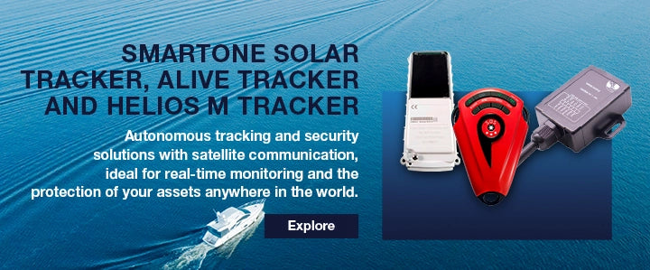 Three types of maritime satellite trackers—Smartone Solar, Alive, and HeliosM—arranged against an aerial view of a motor yacht.