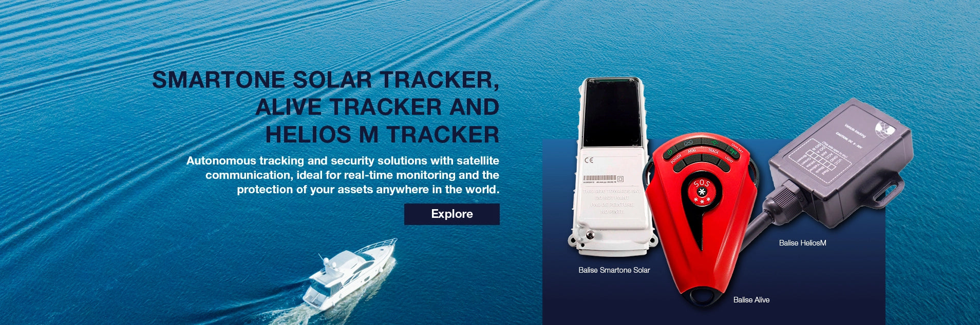 Three types of maritime satellite trackers—Smartone Solar, Alive, and HeliosM—arranged against an aerial view of a motor yacht.