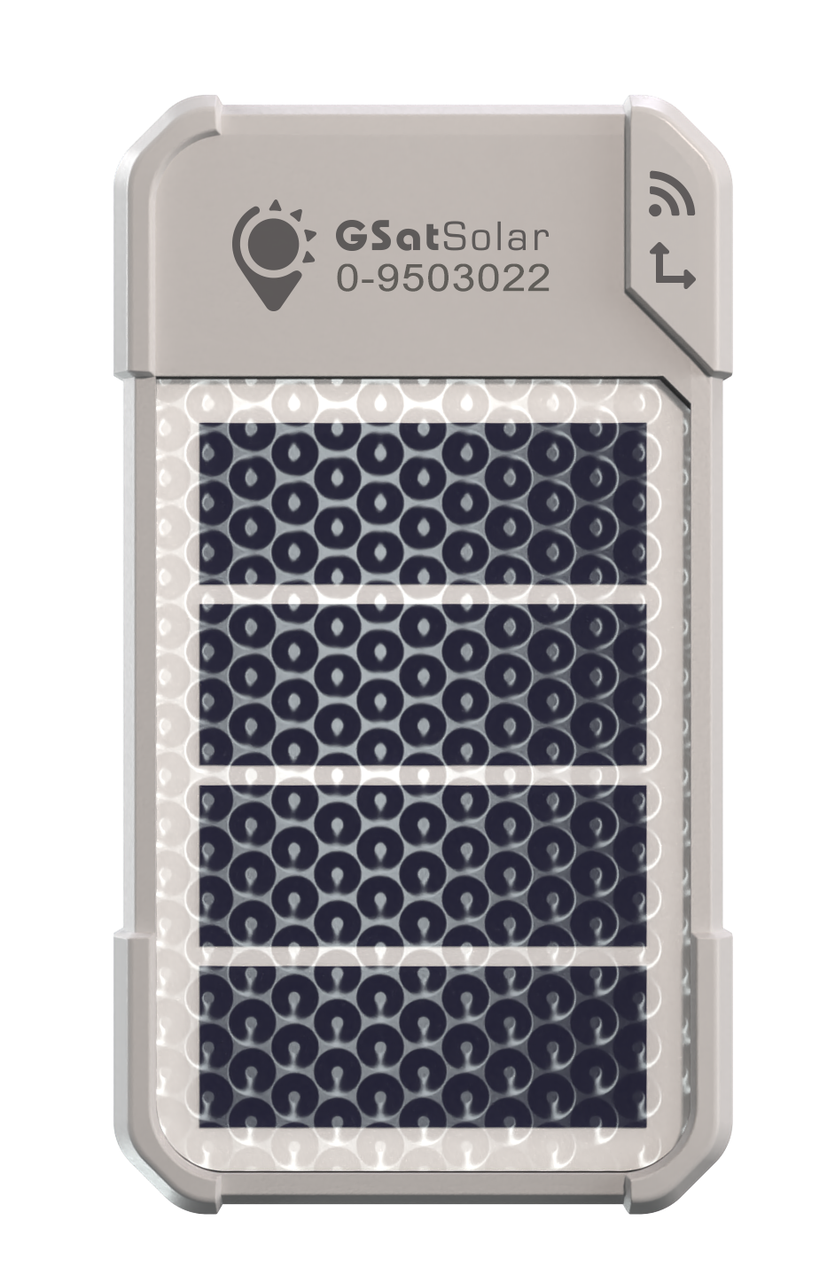 GSatSolar traceur GPS satellite solaire Globalstar — vue de face, panneau solaire 4 cellules haute performance, boîtier IP68, modèle 0-9503022
