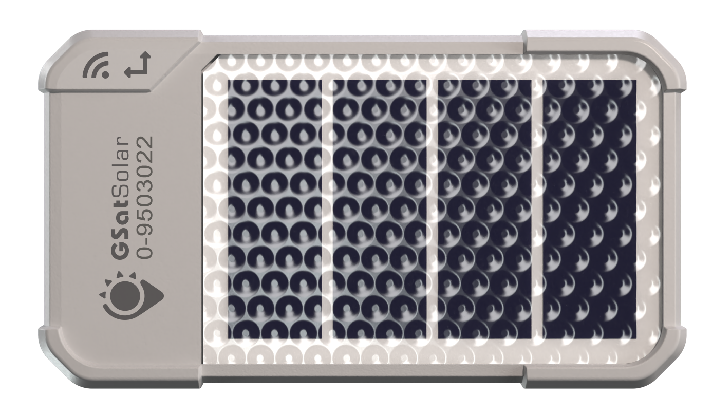 GSatSolar traceur GPS satellite solaire Globalstar — vue horizontale face, panneau solaire 4 cellules, boîtier IP68 certifié FCC CE, modèle 0-9503022
