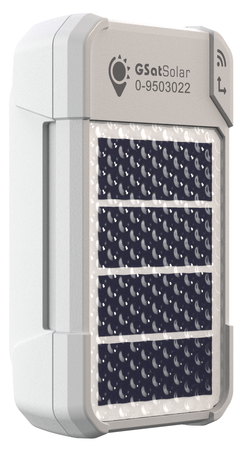 GSatSolar traceur GPS satellite solaire Globalstar — vue de profil 3D, boîtier IP68 avec panneau solaire intégré 4 cellules, modèle 0-9503022
