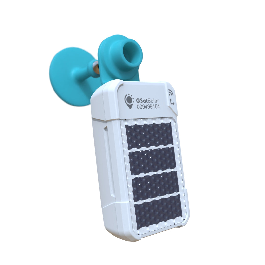 GSatSolar traceur GPS satellite solaire Globalstar avec boucle d'oreille bleue pour suivi de bétail — vue 3/4 face, panneau solaire 4 cellules, modèle 009499104
