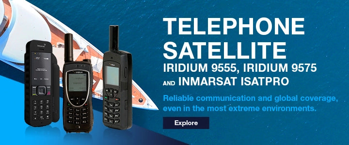 Three handheld satellite phones, specifically Iridium 9555, Iridium 9575, and Inmarsat IsatPhone models, shown with an aerial perspective of a yacht.
