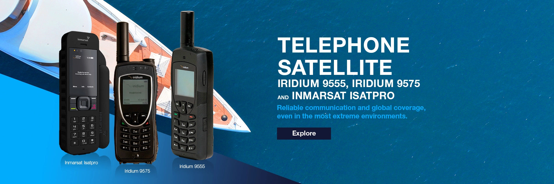 Three handheld satellite phones, specifically Iridium 9555, Iridium 9575, and Inmarsat IsatPhone models, shown with an aerial perspective of a yacht.