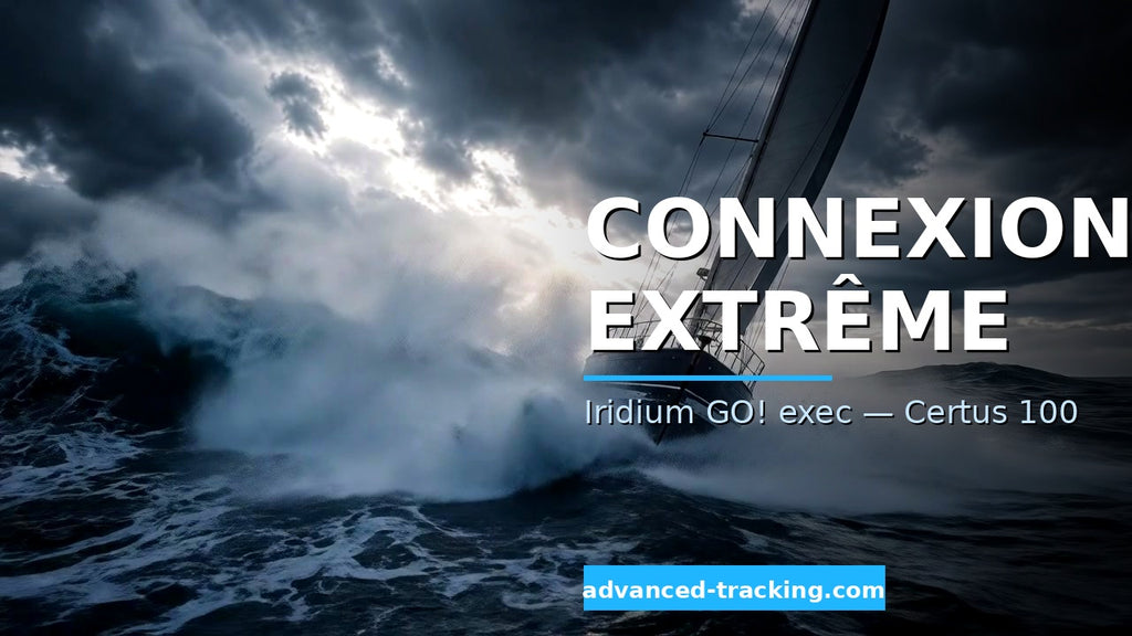 Connexion Extrême : voilier naviguant au milieu de mer agitée et fortes vagues sous un ciel d'orage. Mentionne Iridium GO! exec — Certus 100.