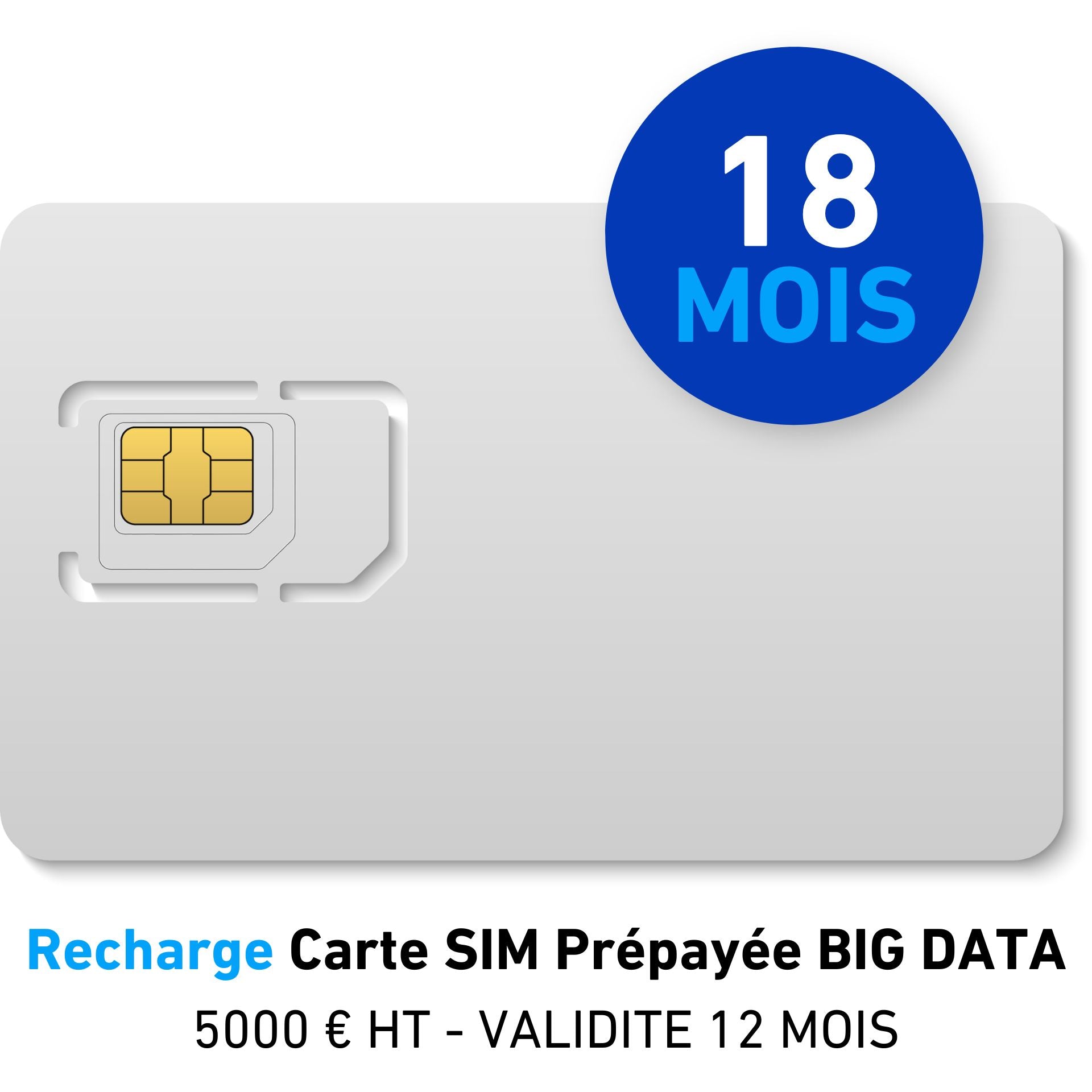 Recarga de tarjeta SIM de prepago Grandes Datos 5000 € HT - VALIDEZ 18 MESES