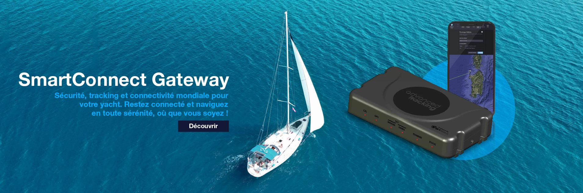 Boîtier SmartConnect Gateway à côté d'un smartphone affichant l'application de suivi GPS et de sécurité pour yacht
