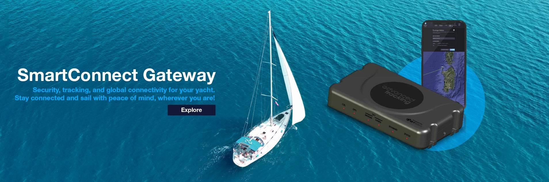 A detailed view of the black SmartConnect Gateway hardware device next to a smartphone interface, set against a background of a sailing yacht.
