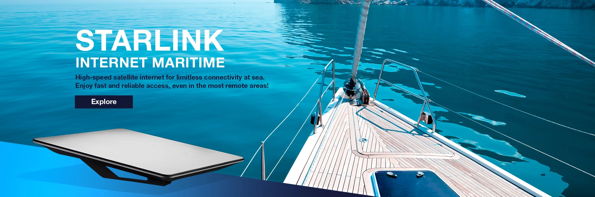 A sleek Starlink maritime internet terminal positioned on the wooden deck of a sailing yacht on vibrant blue water, highlighting high-speed connectivity.