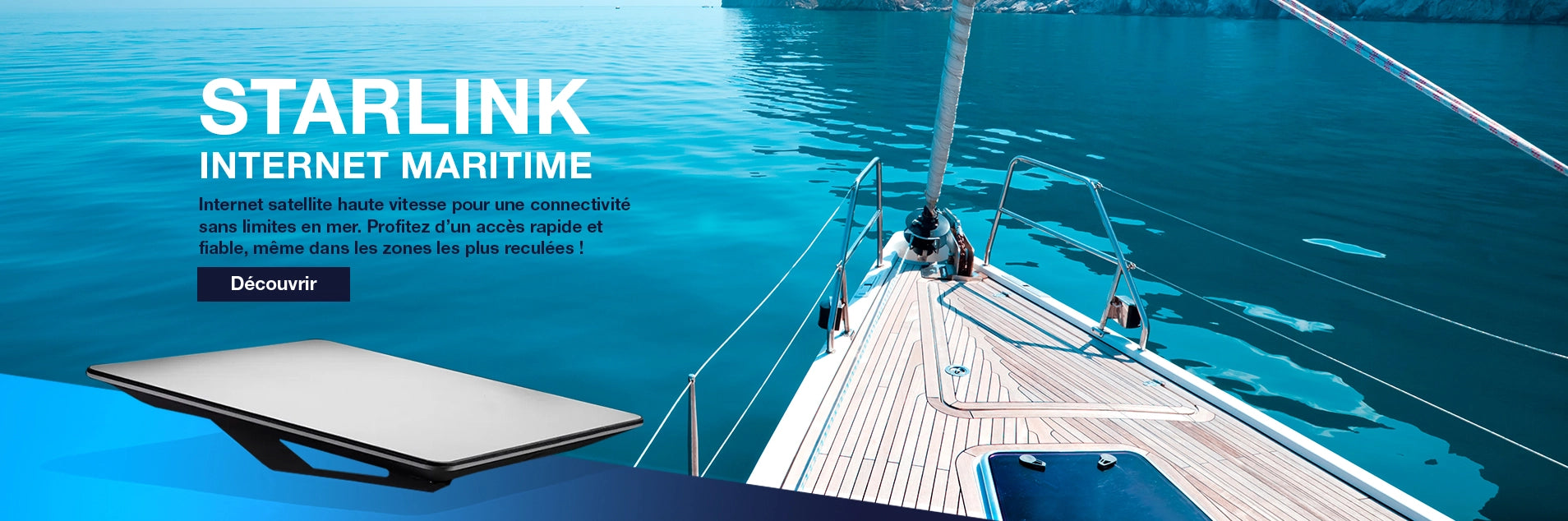 Antenne Starlink Maritime installée sur le pont d'un voilier pour une connexion internet haut débit par satellite en pleine mer.