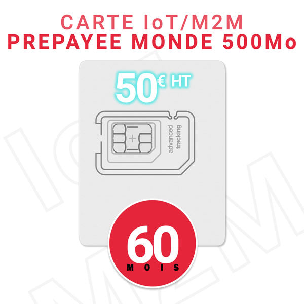 Carte SIM Prépayée IoT/M2M Monde - 50 € HT - 500Mb data - Validité 60 MOIS