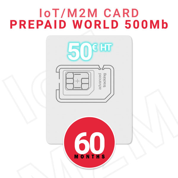 Carte SIM Prépayée IoT/M2M Monde - 50 € HT - 500Mb data - Validité 60 MOIS